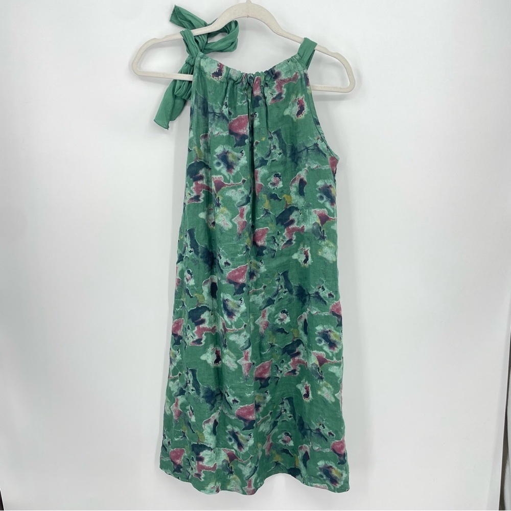 BELLAMBRA Green floral Linen Shift Dress, Shoulder Tie, Made in Italy Sz S - Picture 2 of 7